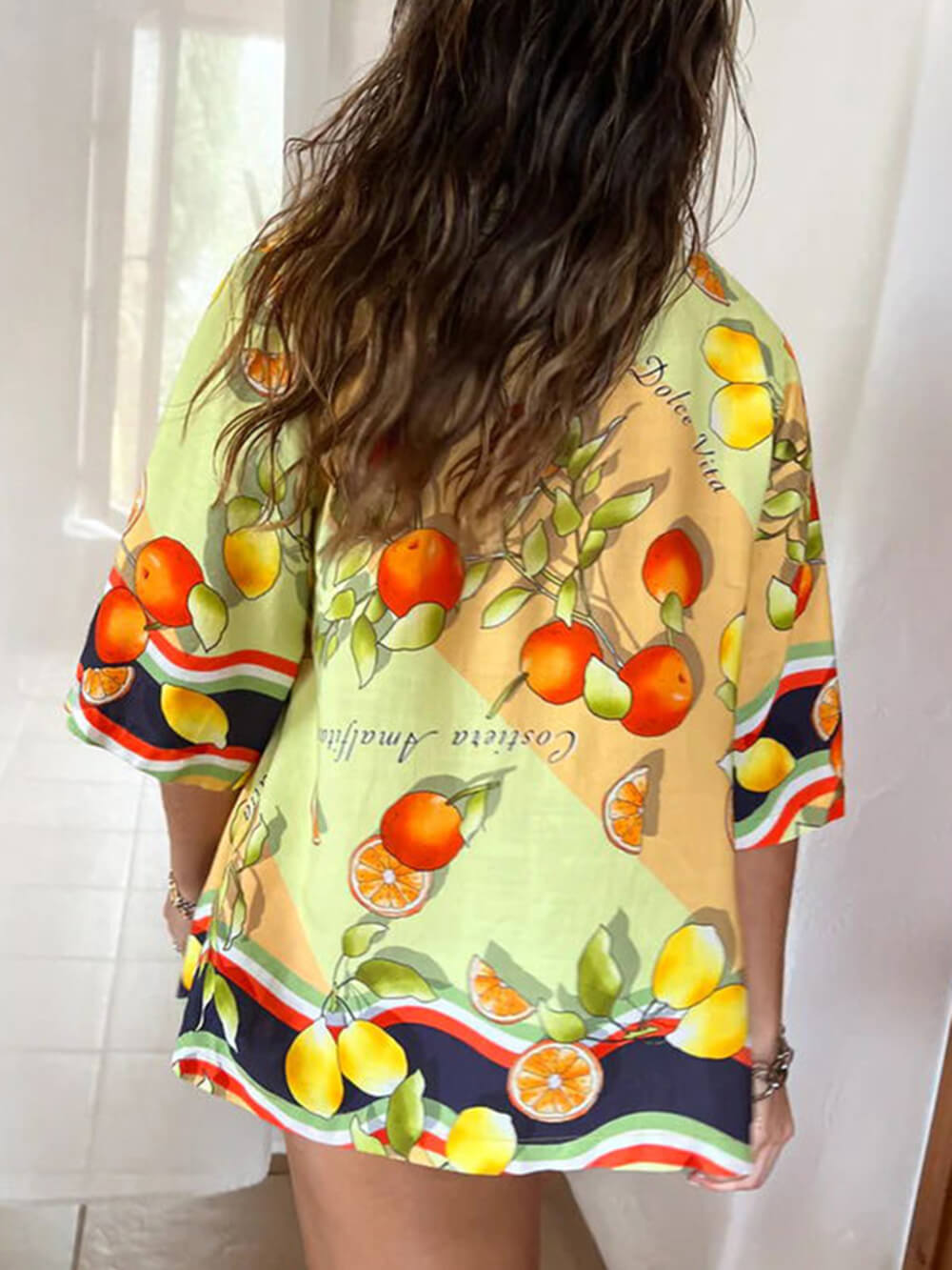 Modern Lemon Print Cardigan Single Breasted Lapel Pant Set