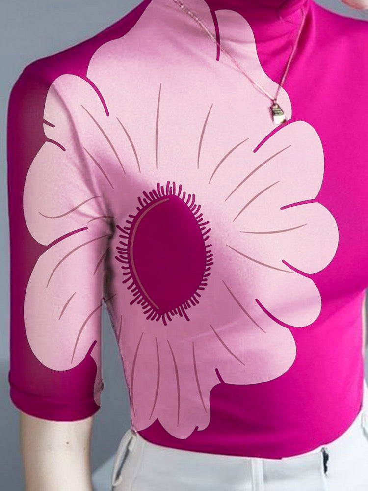 Half Sleeves Skinny Flower Print High Neck T-Shirts Tops