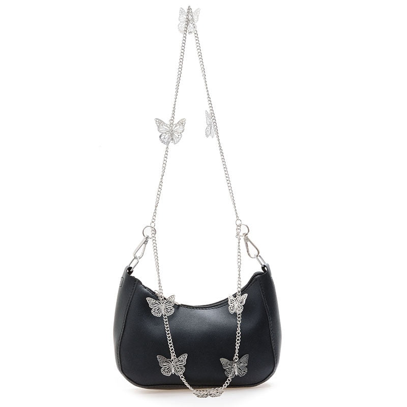 Pure Color Mini Shoulder Bag with Butterfly Chain