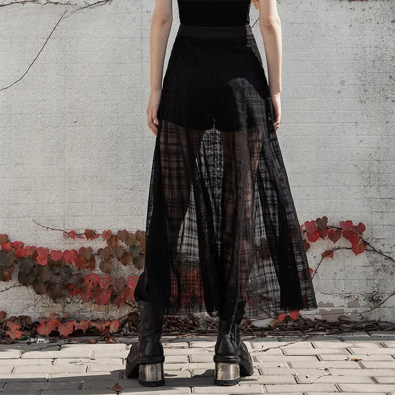 Women's Daily A Shape Mid-length Grid Mesh Forks Pantskirt Gothic Elastic Waist Casual Long Skirt