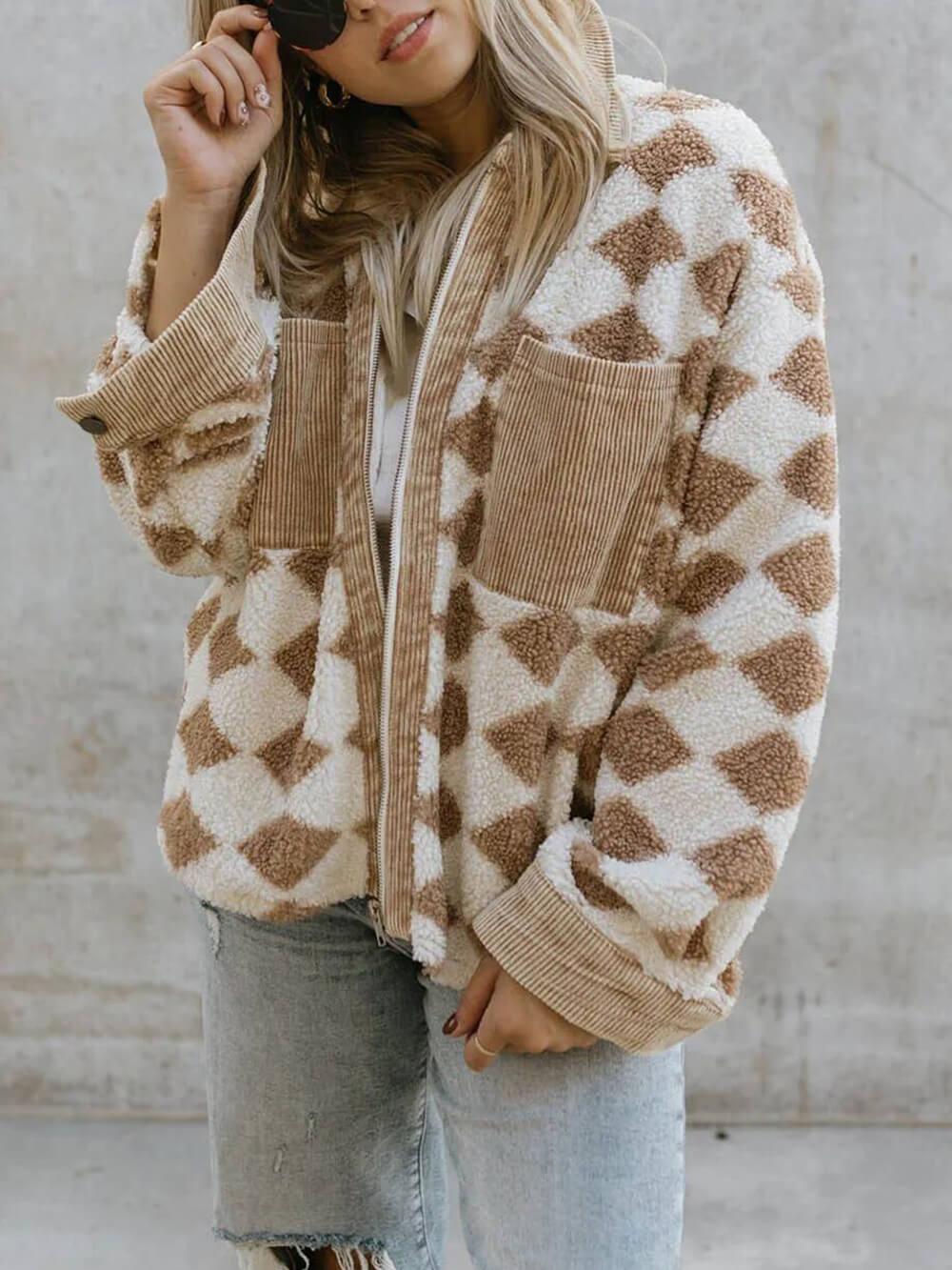 Rhombus Pattern Jacket Corduroy Patch Pockets