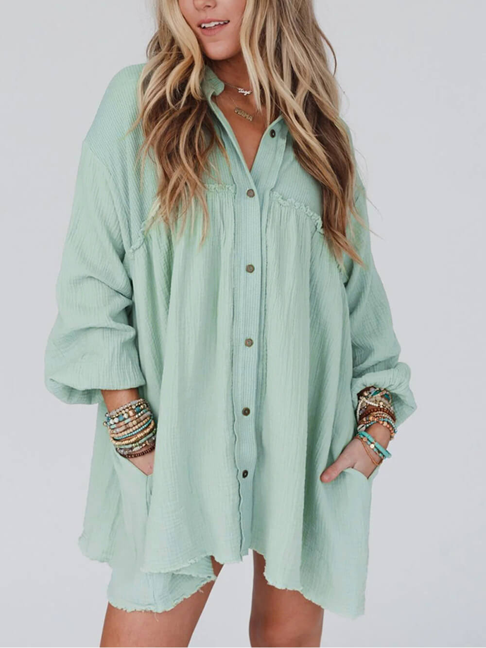 Mint Green Patchwork Crinkle Puff Sleeve Shirt Dress