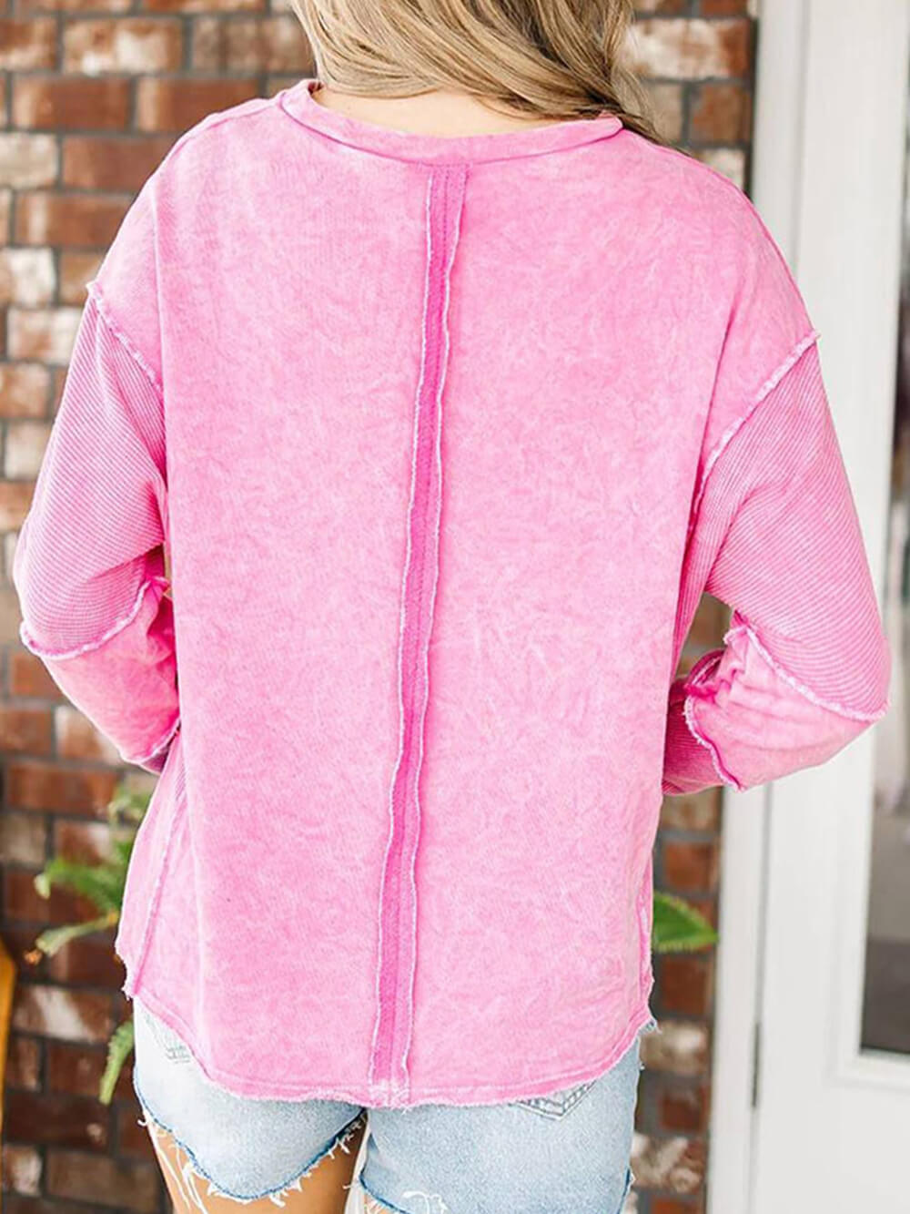 Fuchsia Reversible Twist Mineral Wash Raw Hem Sweatshirt