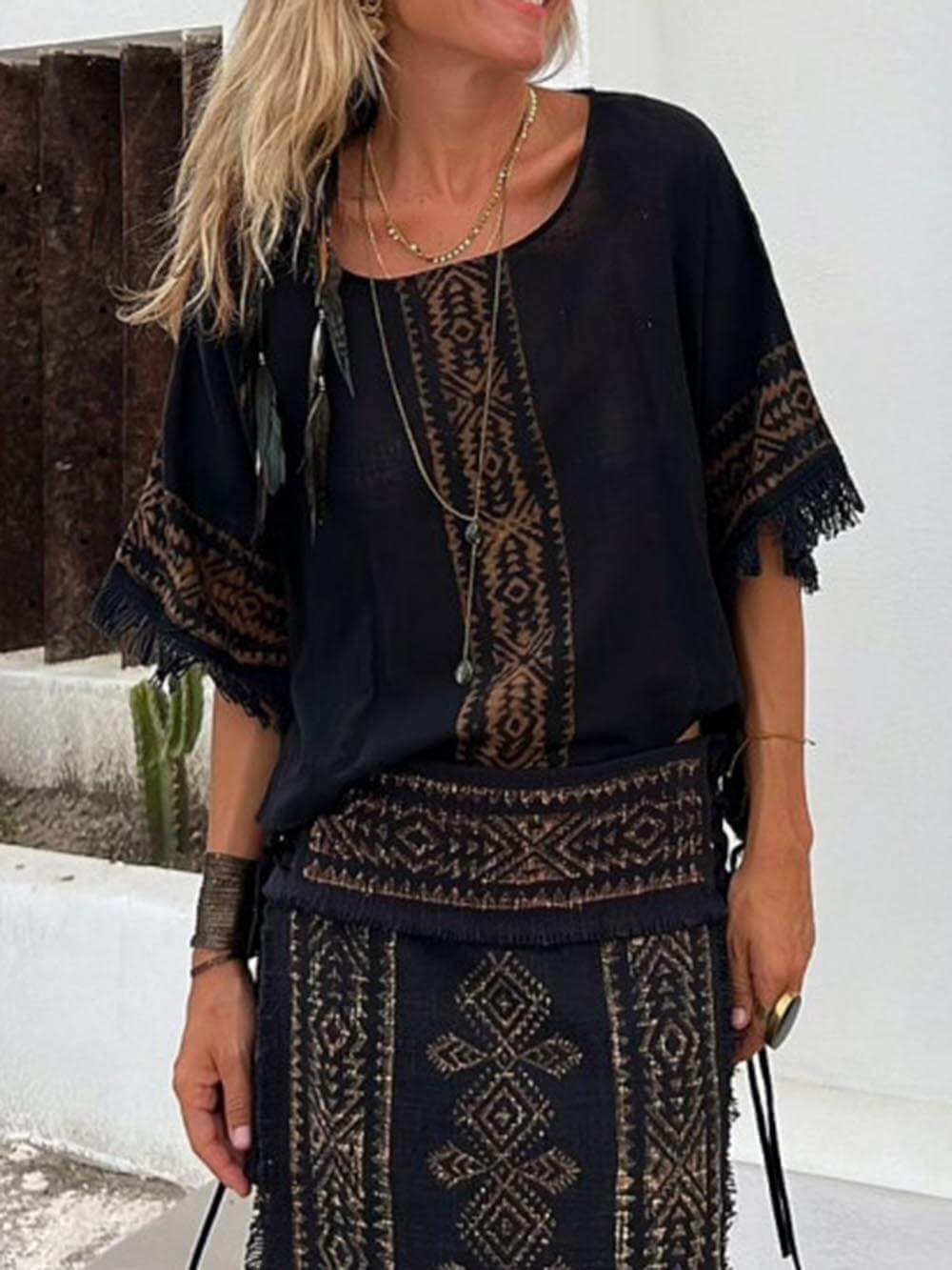 Ethnic Print Tassel Trim Wide Sleeve Loose Sets