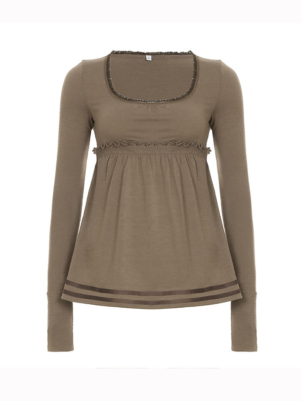 Brown Vintage Square Collar Stitching Long Sleeve Tee