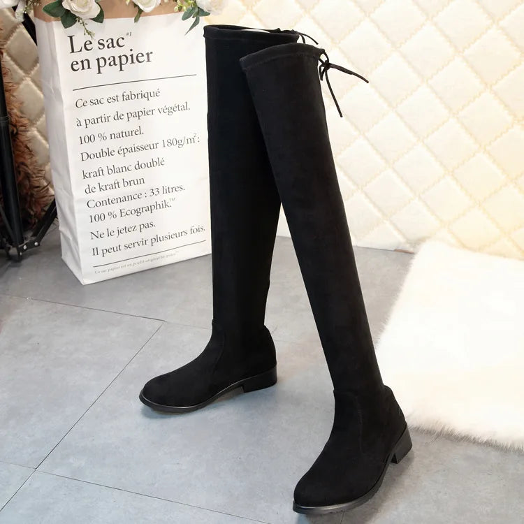 Over The Round Toe Warm Stretch Fabric Big Size Knee High Boots