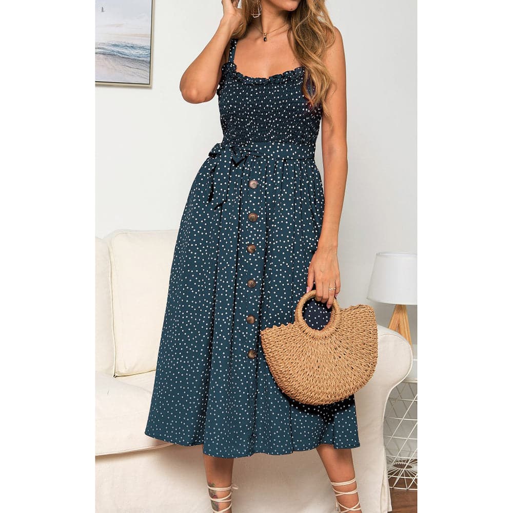 Sling Ruffle Dress Floral Print Button Sundress