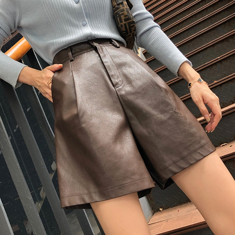 Half Leather Shorts Kahiq Shorts PU Elastic High Waisted Wide Leg Loose Short Pants