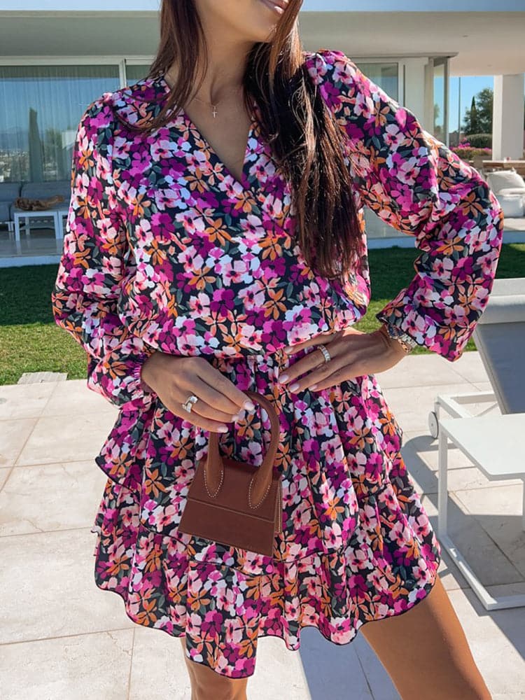 New Elegant V-Neck Design Lace-Up Ruffles Mini Dress