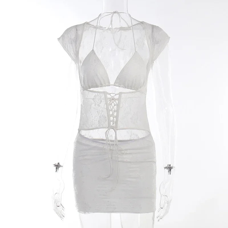 Summer Hollow Out Halter Bandage Lace Dress