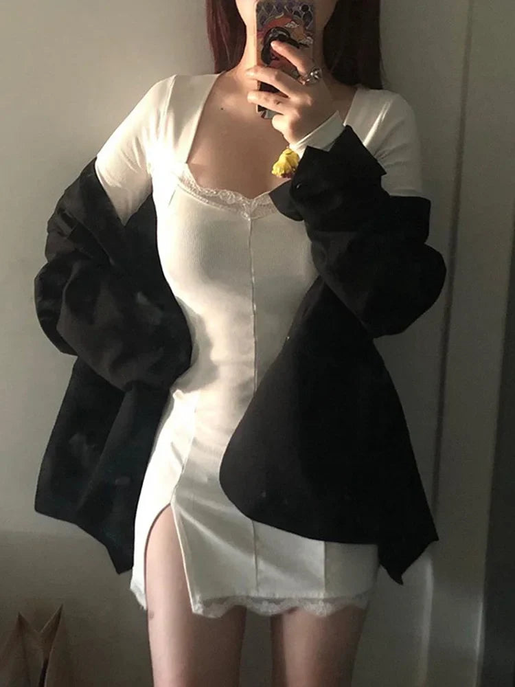 Autumn Spring Lace Patchwork Split Mini Low Midi Dresses