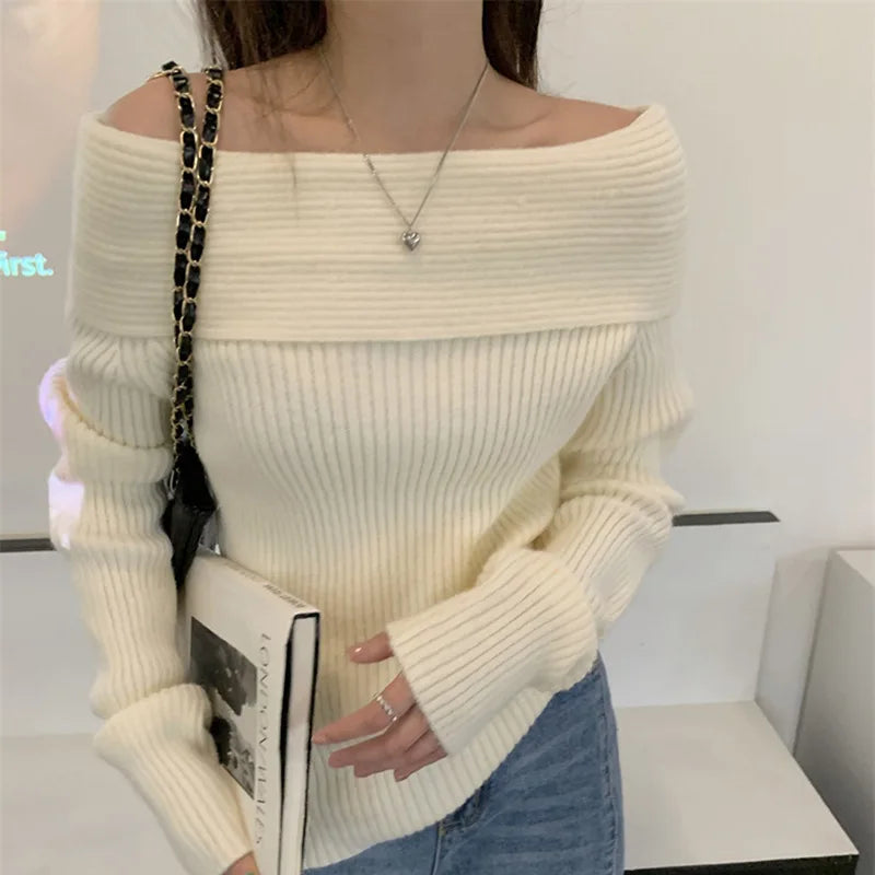 White Flat-neck Feminine Collarbone Off-shoulder Slimming Sweater