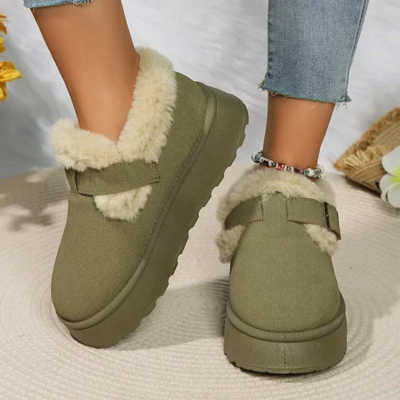 2024Fashion Plush Flat Shoes Suede Round Toe Solid Color Snow Boots Warm Flat Non-slip Ankle Boots Botas Mujer