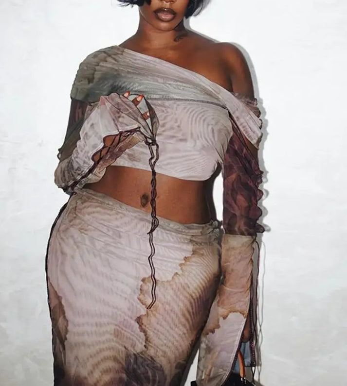 Aesthetic Print Drawstring Maxi Two Piece Skirt Set