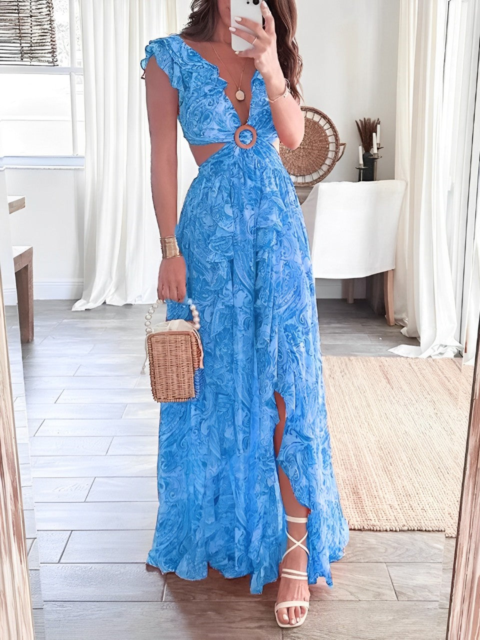Butterfly Sleeve Print Ruffle Slit Dress