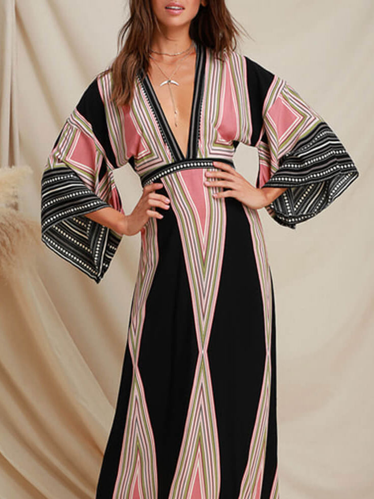 Elegant High Waisted Bell Sleeve Long Dress