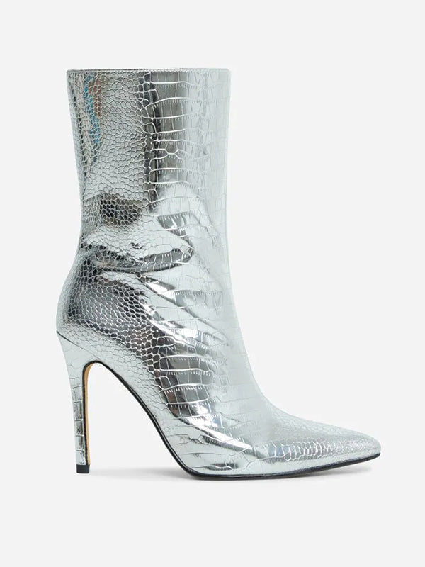 Crocodile Pattern Pointed-Toe Solid Color Zipper Stilettos Boots