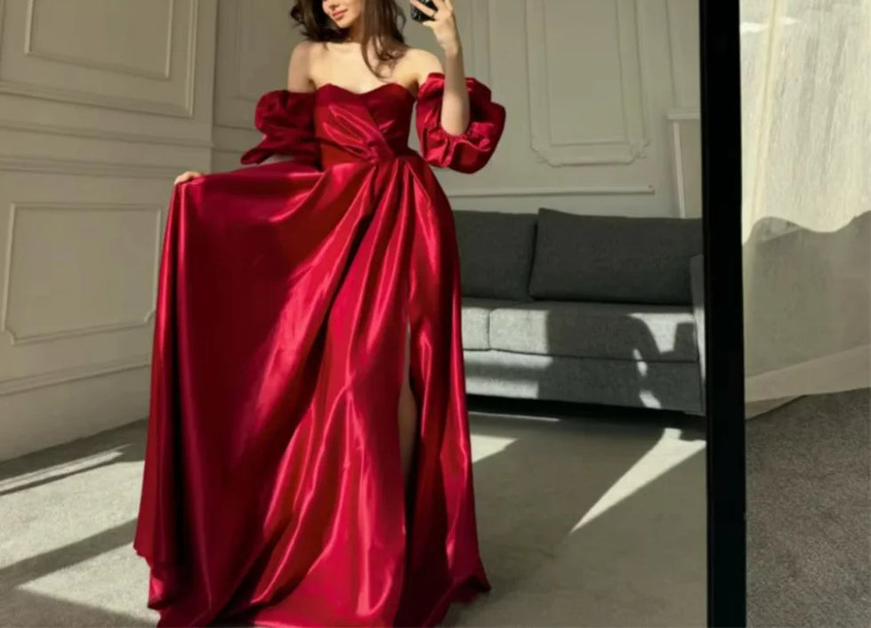 Winered Satin Split Prom Dress