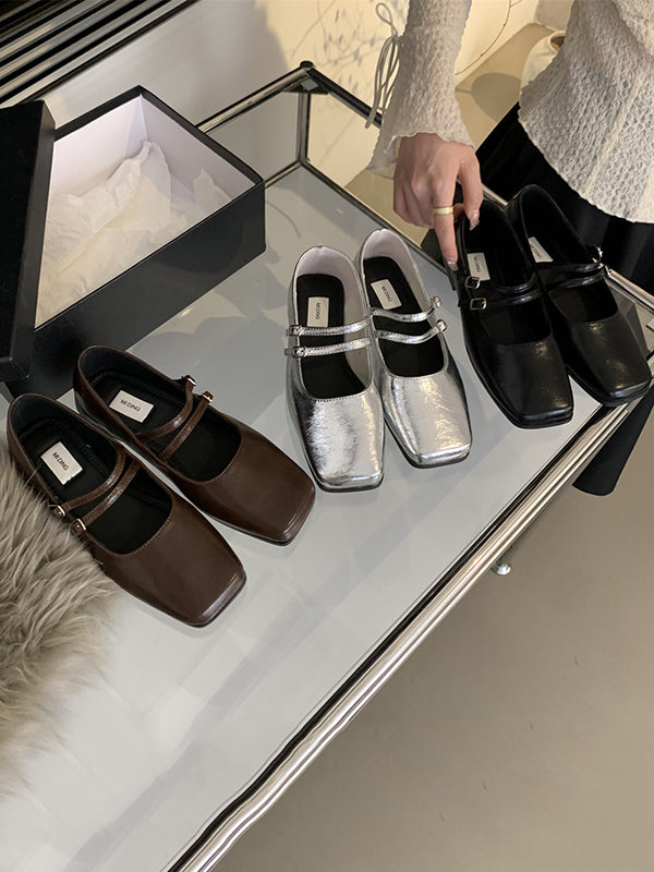 Belt Buckle Shallow Cut Split-Joint Square-Toe Mary Janes Flats