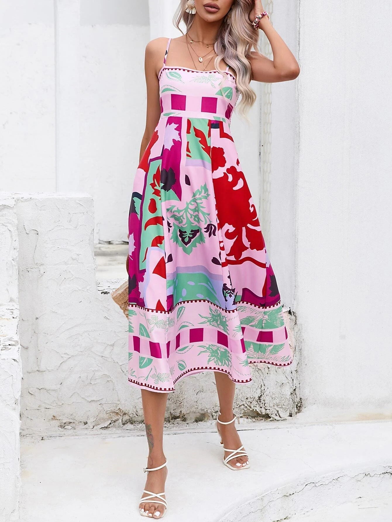 Patchwork Slip Midi Dress: Abstract Colorful Printed