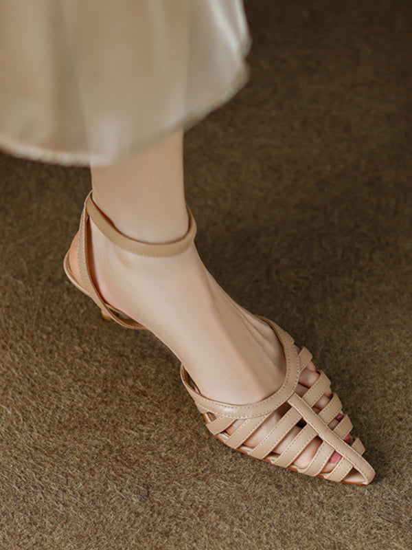 Belt Buckle Hollow Pointed-Toe Split-Joint Sling Shoes Pumps Sandals