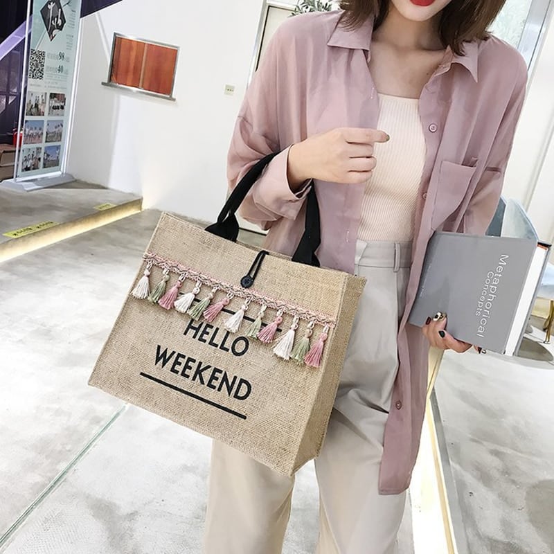 Linen Hello Weekend Tassel Tote Bag