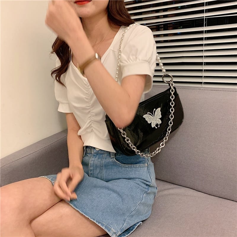 Vintage Butterfly Printed Chain Shoulder Bag for Women