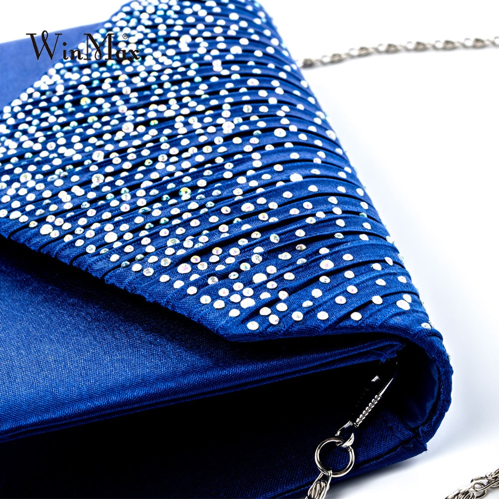 Fashion Satin Evening Bags for Women - Luxury Diamond and Chain Embellished Bag