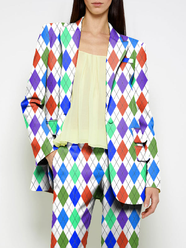 Long Sleeves Loose Buttoned Pockets Printed Shoulder Pad Notched Collar Blazer Jackets&Coats Outerwear