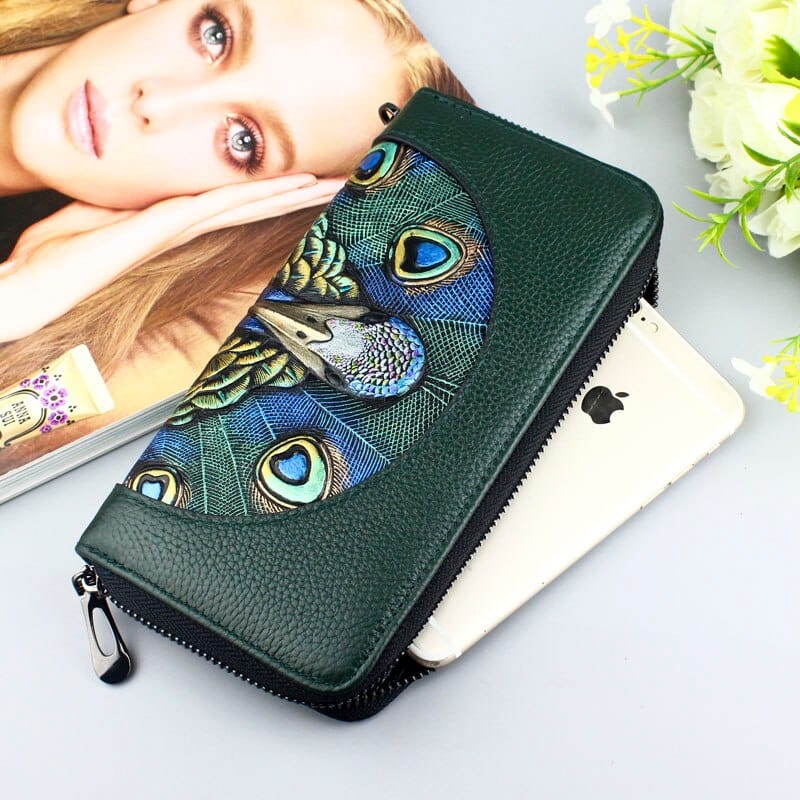 Fashionable Wallet Made of Genuine Leather with a Picture of a Peacock