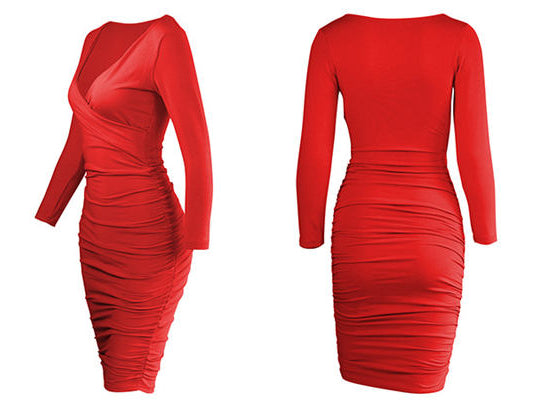 Ruched Solid White Black Red Long Sleeve Office Formal Dresses