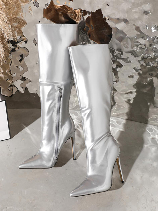 Pointed-Toe Solid Color Zipper Stilettos Pumps Boots