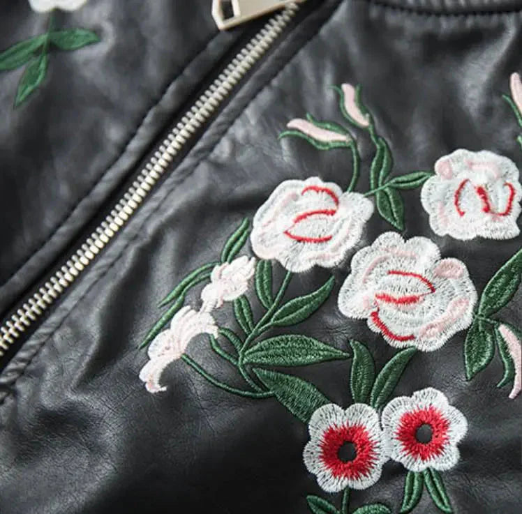 Anurak Flowers Embroidery Leather Bomber Jacket