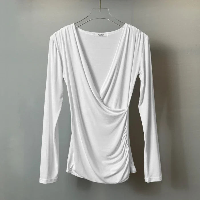 Solid Slim Waist V-Neck Long Sleeve Women's Tee