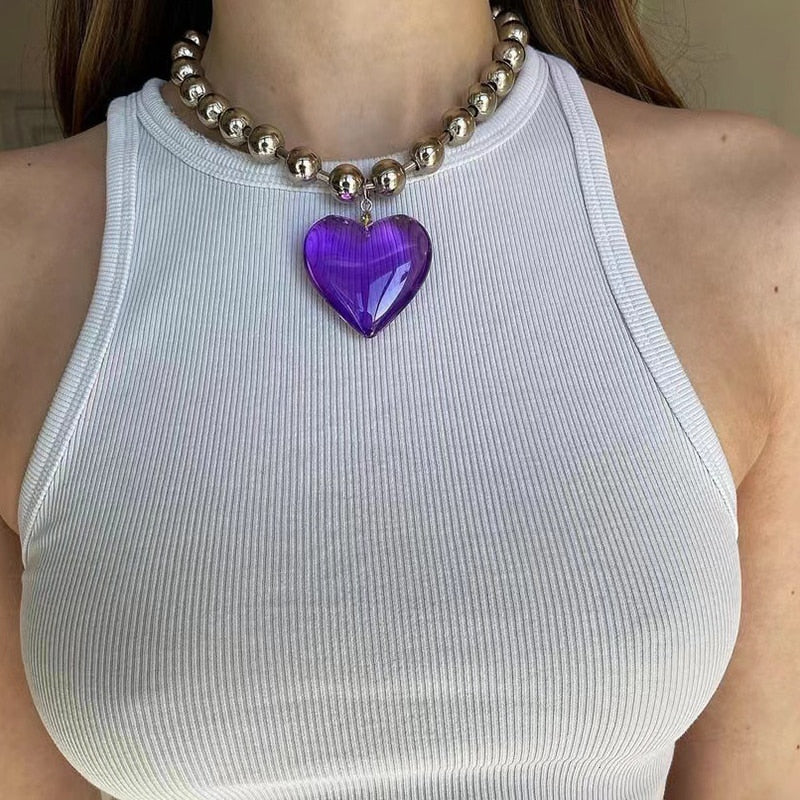 Big Resin Heart Pendant Choker Necklaces - 5 Colors