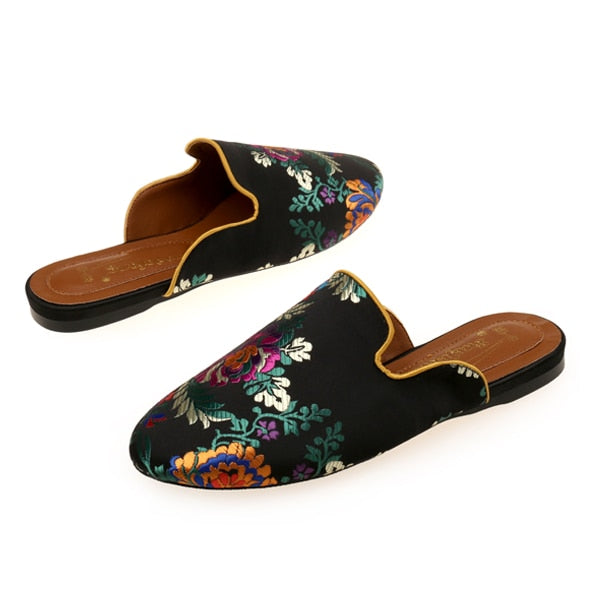 Bijou Silk Embroidery Mule Slippers - 4 Colors