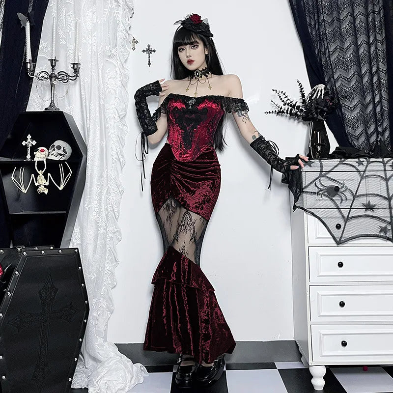 Black Fairy Grunge Gothic Velvet Lace Stitching Fall Fishtail Skirt