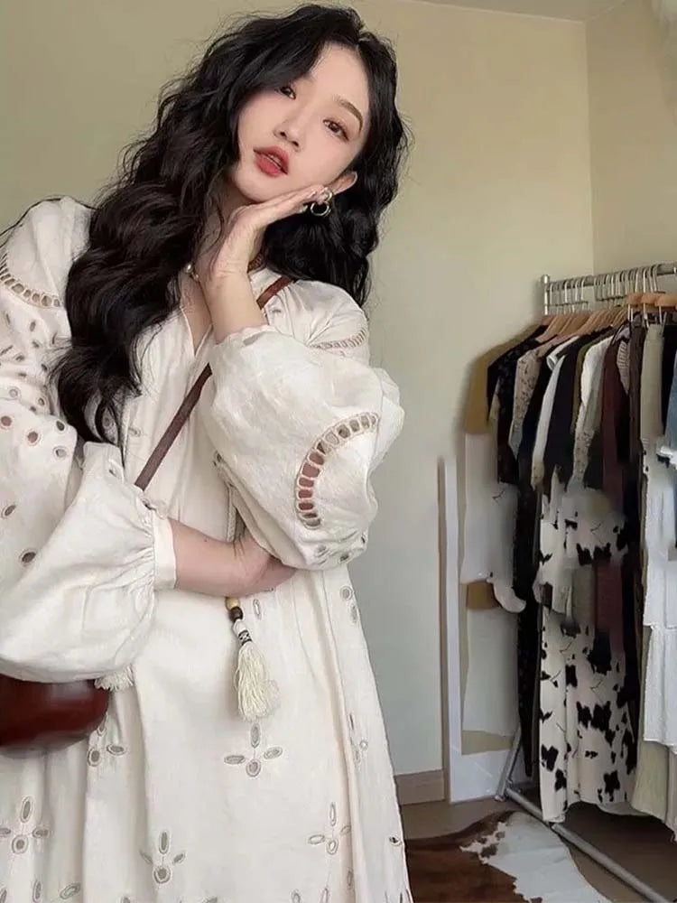 Korean Style Vintage Long Sleeve V-Neck Boho Hollow Out Maxi Dress