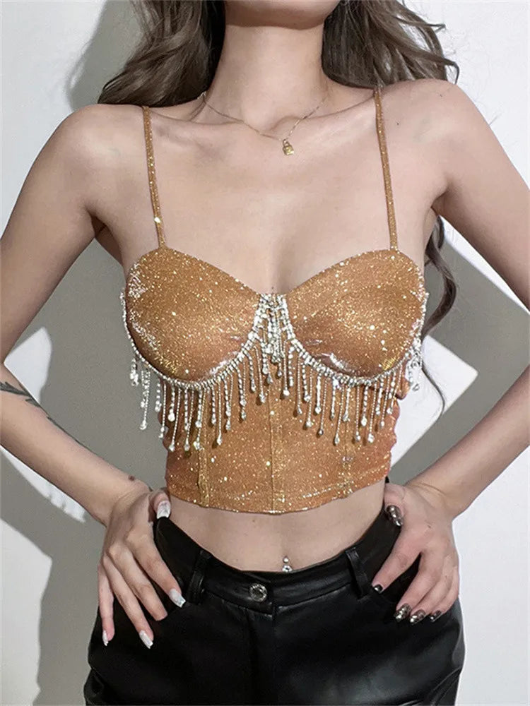 Tube Rhinestones Tassels Sleeveless Suspender Strap Vest Push Up Diamonds Bustiers Corsets Crop Top