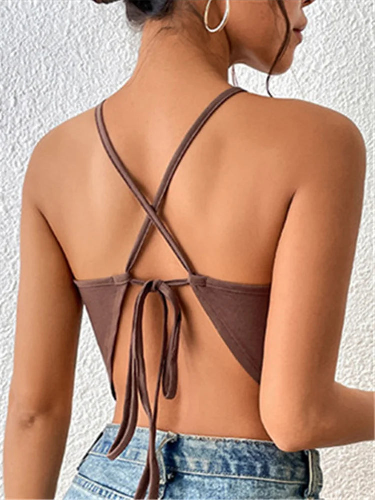Backless Criss-cross Tie-up Summer Clubwear Off Shoulder Sleeveless Y2K Front Split Vests Crop Top