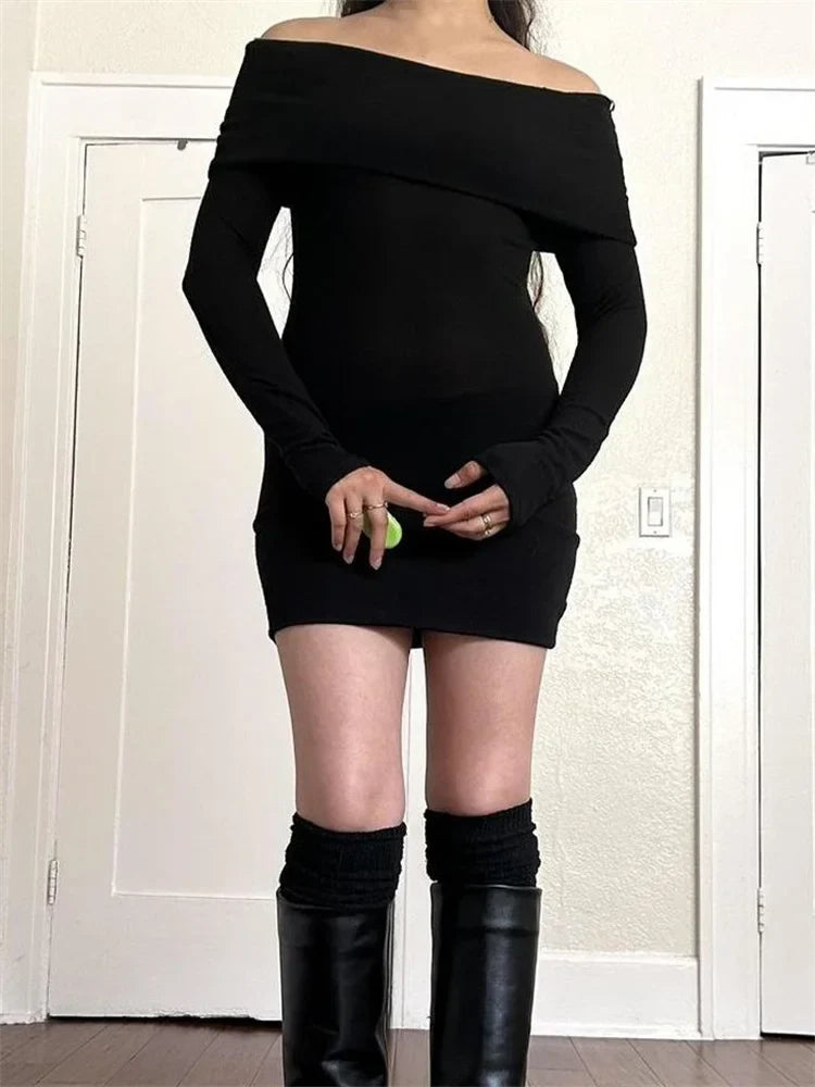 Elegant Slash Neck Black Party Mini Dresses