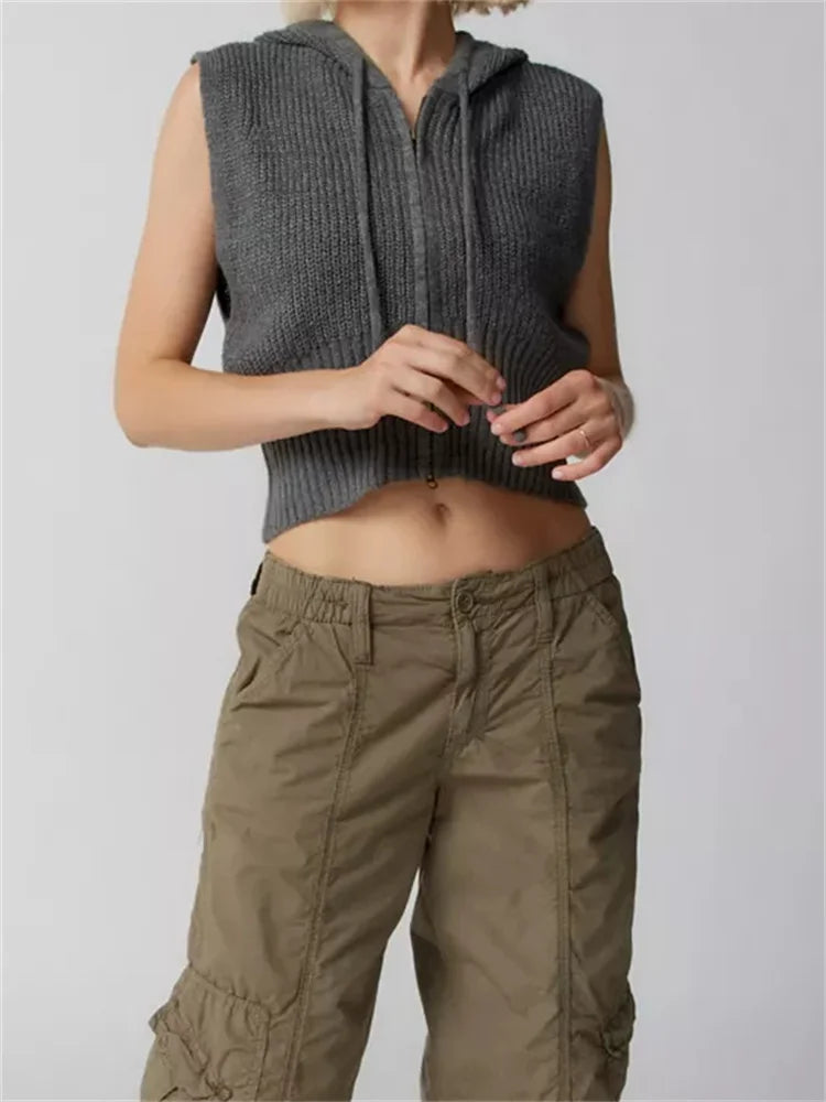 Fashion Knitted Hooded Sweater Vest Solid Color Front Zip Up Drawstring Sleeveless Cropped Streetwear Crop Top