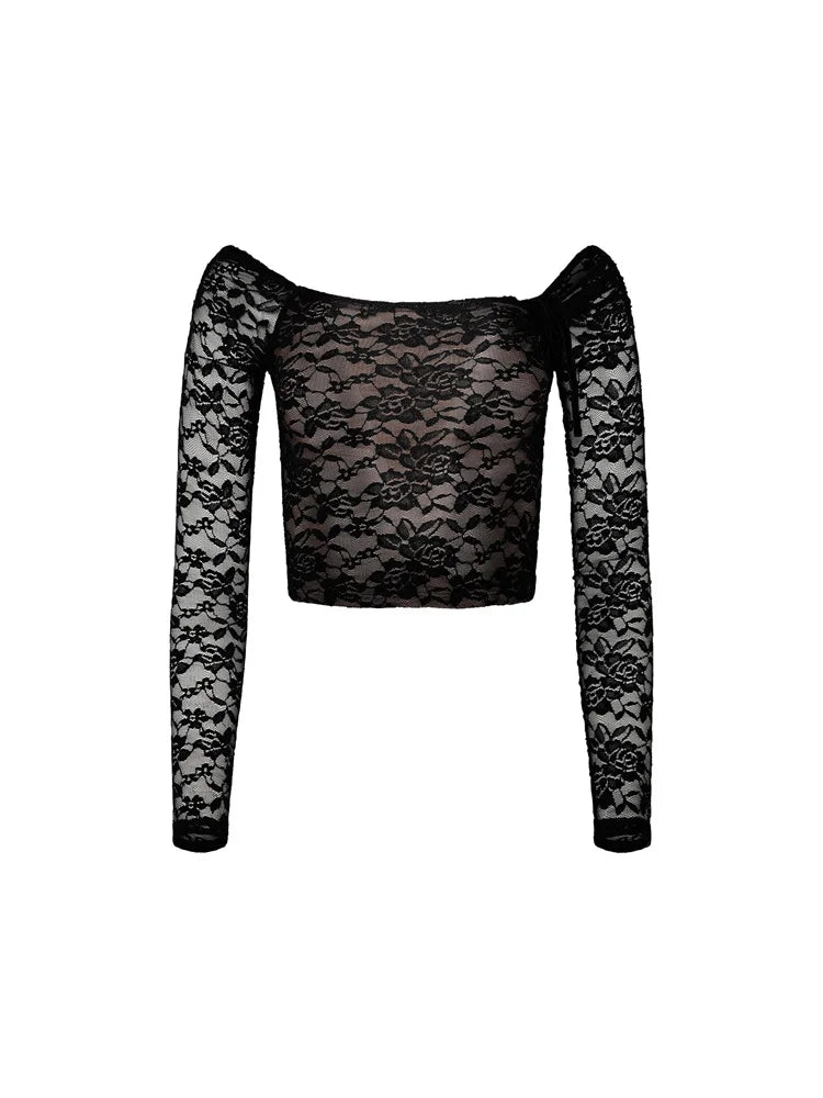 Lace Floral Slash Neck Long Sleeve Off Shoulder Spring Fall T-shirts