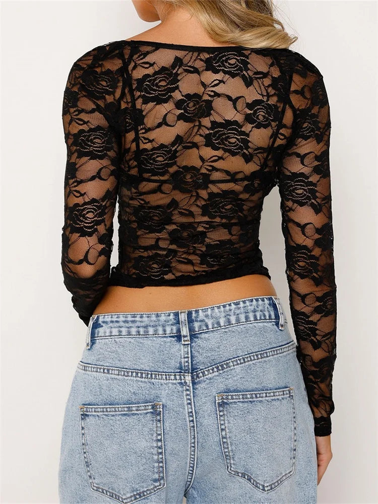 Lace Floral Low Cut Mesh Sheer See Through Long Sleeve Summer T-shirts