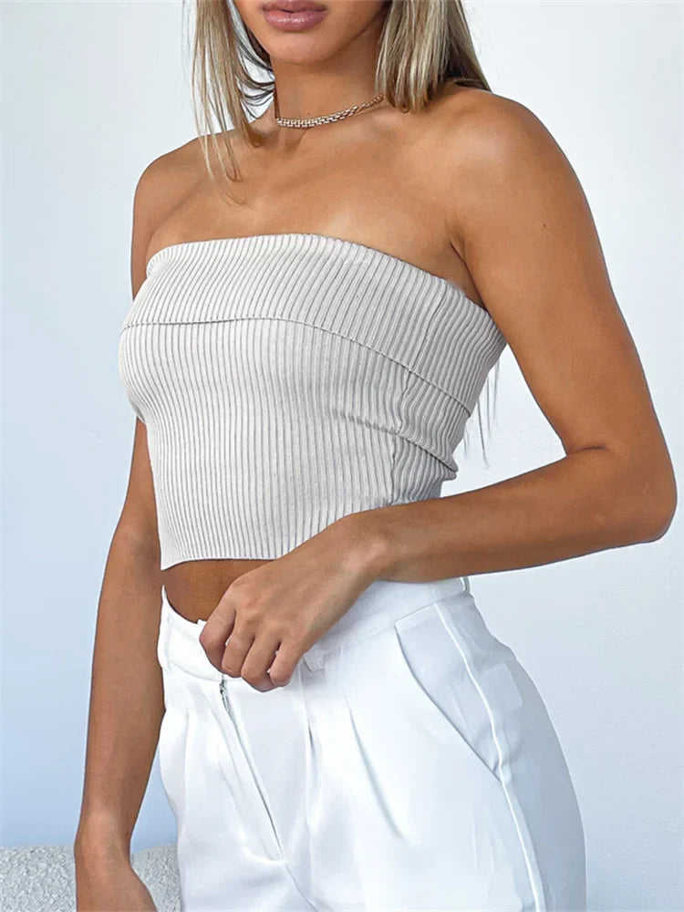 Ribbed Bustiers Solid Summer Casual Sleeveless Vest Backless Off Shoulder Corsets Top Streetwear Crop Top