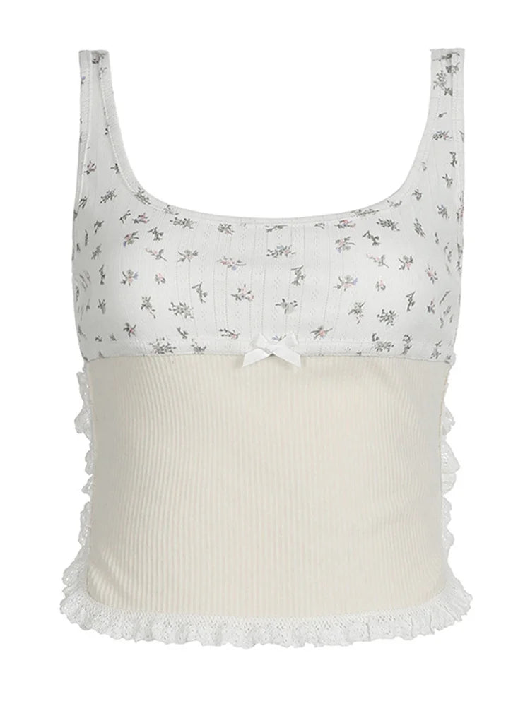 Floral Print Lace Patchwork Summer Backless Basic Mini Vest Sleeveless for Streetwear Crop Top