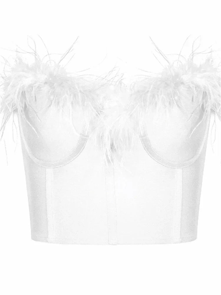 Fur Feather Patchwork Tube New Summer Strapless Off Shoulder Backless Back Zip Up Slim Vest Crop Top