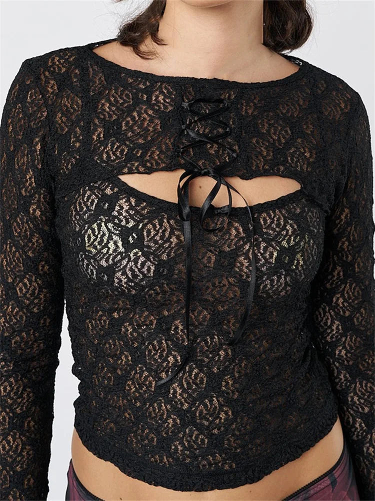 Sleeveless Strap Lace Mesh Round Neck See Through Mini Vest With Long Sleeve Tie-up Shrugs Crop Top
