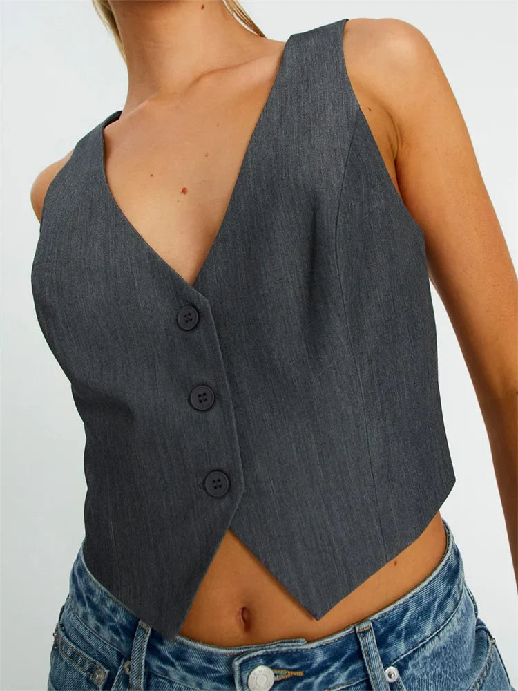 Sleeveless Vest Buttons Down Slim Fit Solid Color V-Neck Cropped Y2K Casual Irregular Hem Streetwear Crop Top