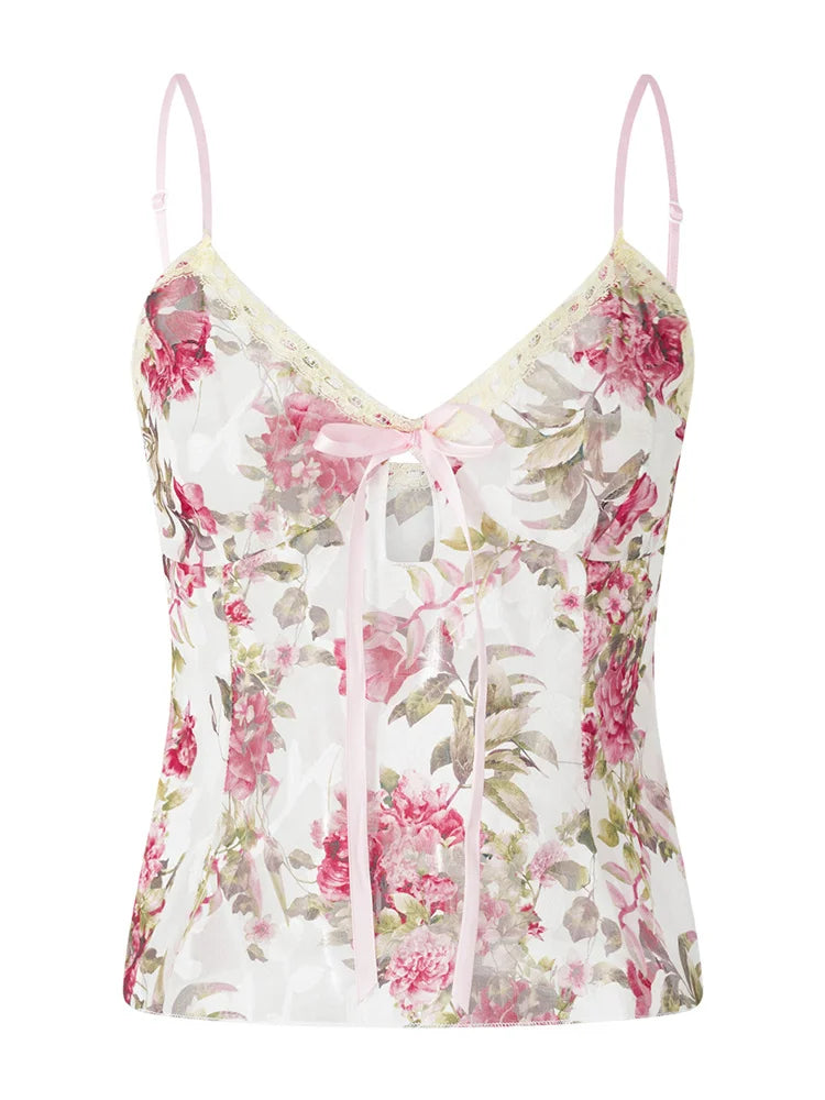 Spaghetti Strap Top Floral Print V-neck Front Split Tie-Up Sleeveless Summer Slim Fit Mini Vest Crop Top
